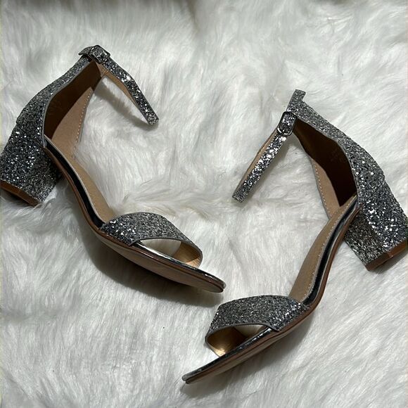 J. Adams Silver Glitter Block Low Heels with ankle strap Size 7.5.  B76 - Picture 4 of 8